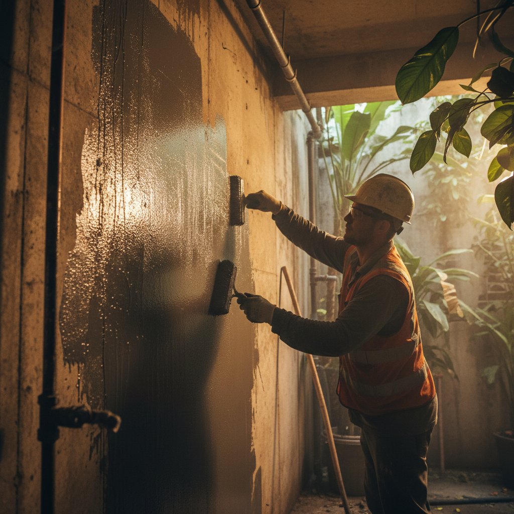Professional basement waterproofing application in Singapore showing membrane installation and drainage system